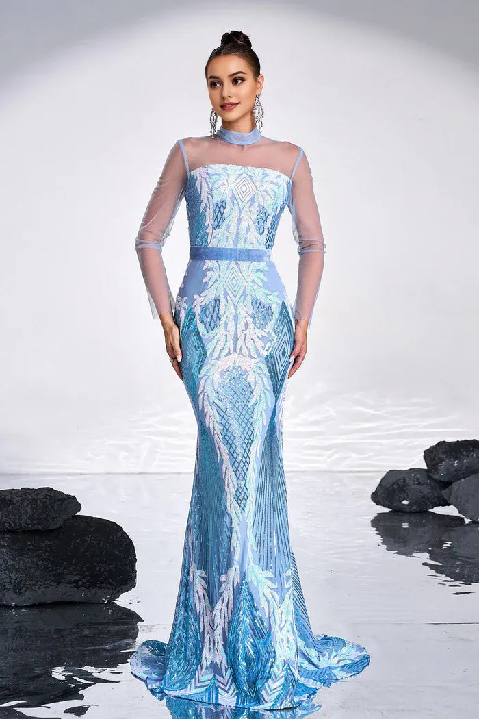 Weitese Dress Sparkly Ligth Blue Mermaid Printed Illusion Sleeves Maxi Dress Prom Dress Sweep Brush Train Evening Dress